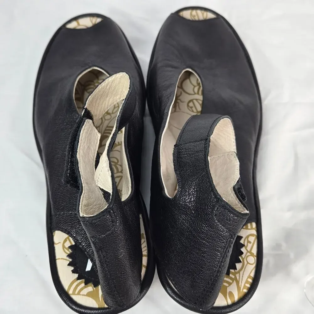 Fly London Yala EU 40 US 9.5 Black Leather Peep Toe Platform Wedge Sandals